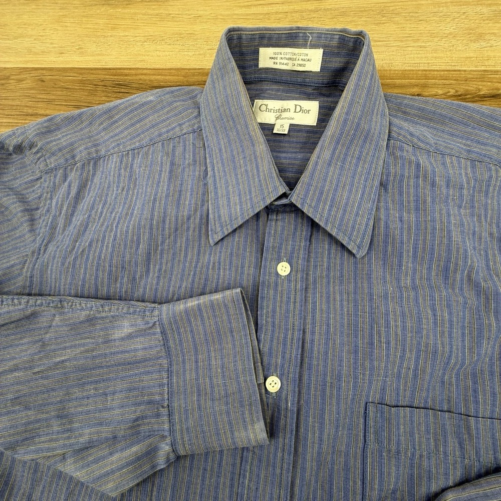 VTG Christian‎ Dior Chemises Shirt Men's 15 - 32/33 Blue Striped Long Sleeve